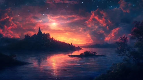 Twilight island citadel under luminous nebula sky at sunset