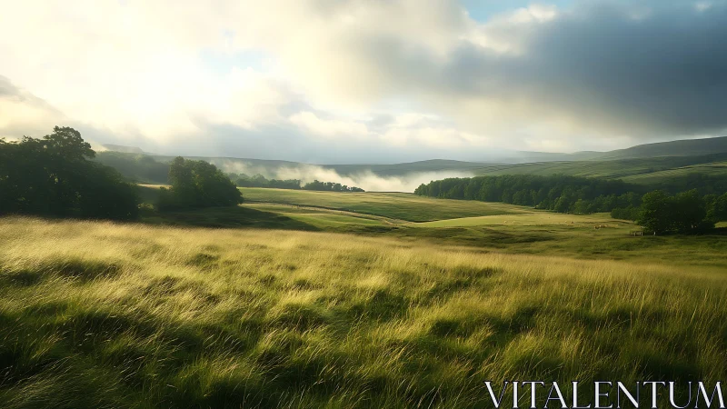 Morning light rolls over misty green countryside fields.