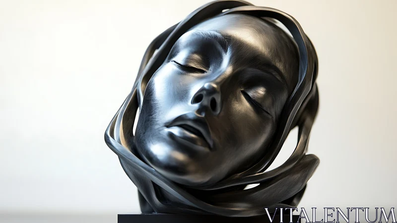 Polished metallic portrait bust with swirling ribbon forms