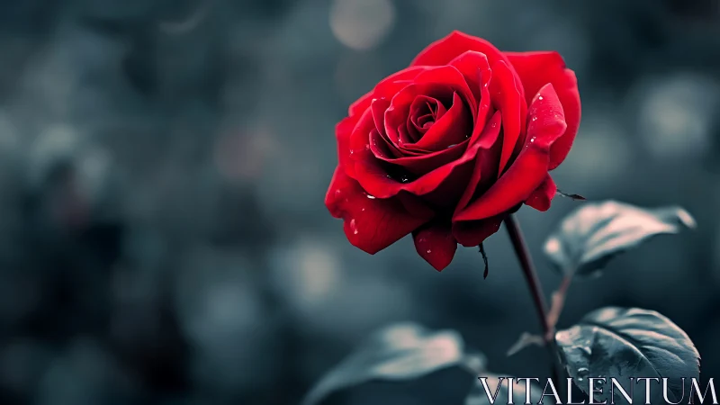 Crimson Solitude: A Red Rose's Moody Portrait.