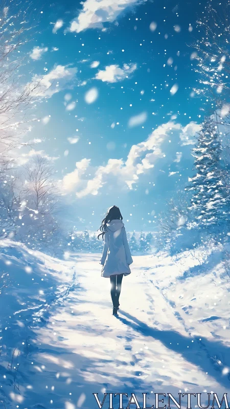 Solitary girl crossing a sunlit winter road in snowfall.