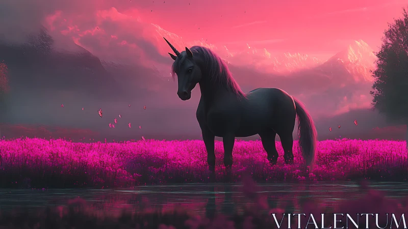 Luminous unicorn in magenta valley under atmospheric dusk field.