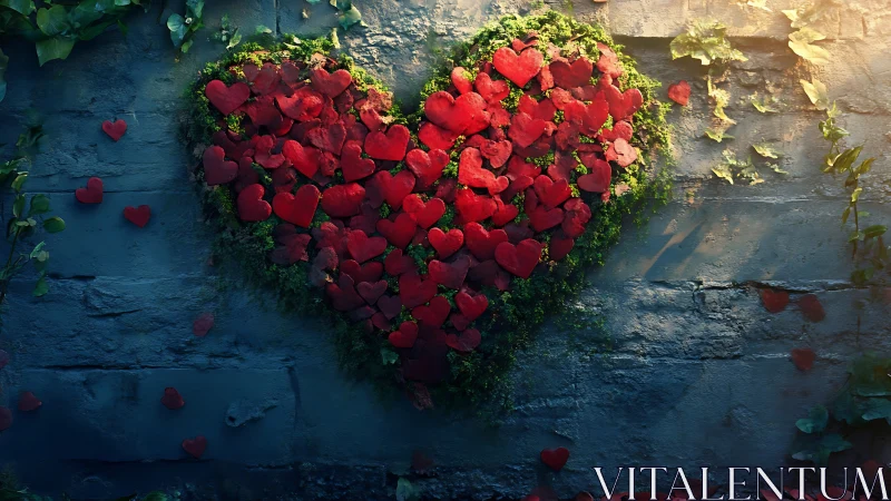 Heart-shaped arrangement of red petals on weathered blue surface.