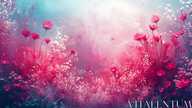 Layered floral field composition with pink flowers and light diffusion