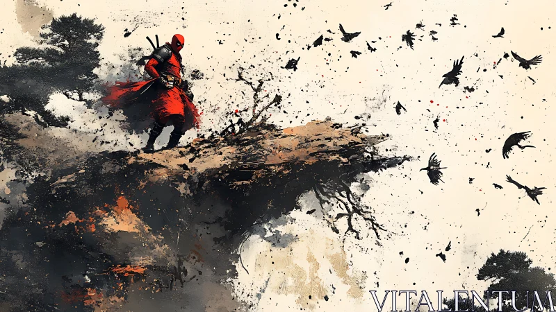 Crimson masked warrior on shattered cliff amid black crows.