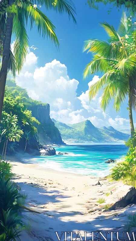 Tropical Paradise Beach Framed by Lush Palm Trees