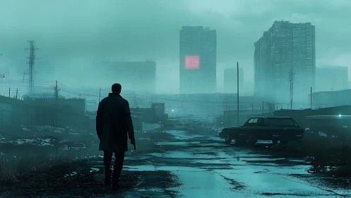 Solitary figure walks derelict road toward neon city ruins