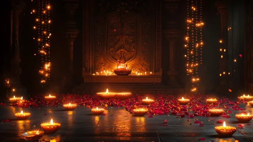 Lamp-lit temple floor blooms with petals and quiet firelight.