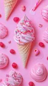 High-key pink ice cream cone with raspberries and candy sprinkles