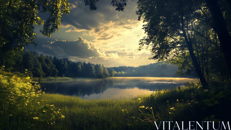 Sunlit forest lake at dawn with mist and glowing wildflowers.