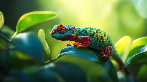 Colorful chameleon resting on glossy green leaves in light.
