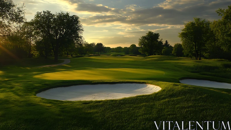Golf course green with bunkers under low evening sunlight