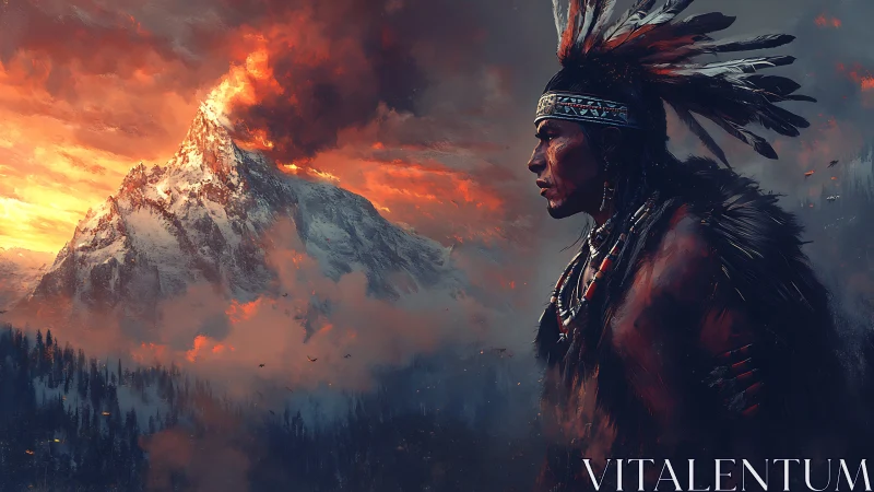 Volcanic alpine peak and feathered warrior in cinematic dusk.