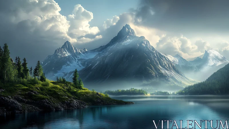 Snow covered mountain range rises above reflective lake