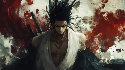 Storm-eyed swordsman in a whirl of crimson chaos.