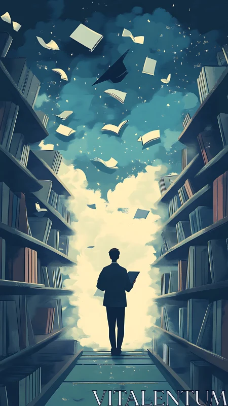 Silhouetted reader between tall bookshelves and open sky.