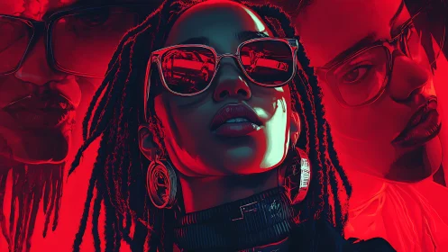 Triadic neon portrait with reflective eyewear and red chroma field.
