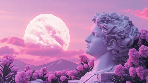 Marble head sculpture is rendered before enlarged moon