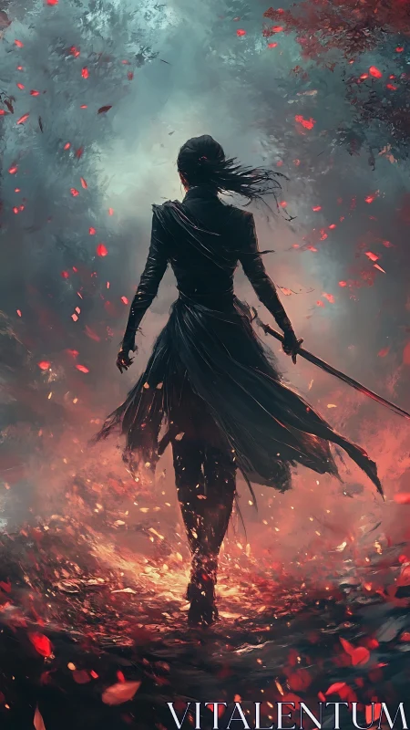 Blade-wielding warrior strides through ember-lit forest path.