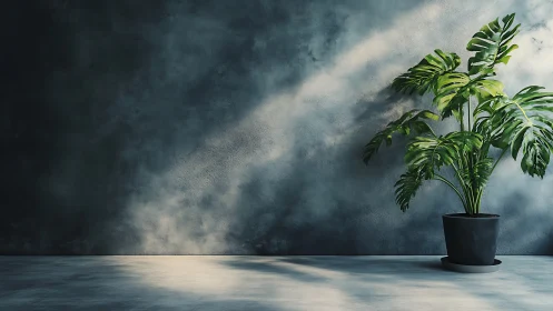 Monstera plant against moody textured concrete wall.