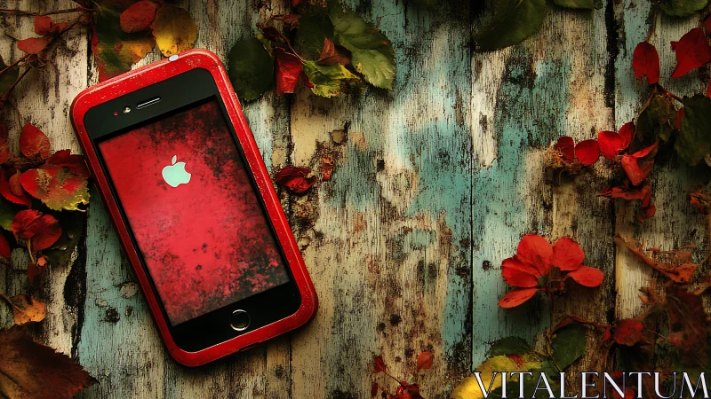 Red-cased smartphone on weathered teal wood with autumn foliage
