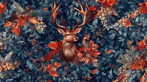 Stag in a jewel toned forest of copper leaves and quiet magic.