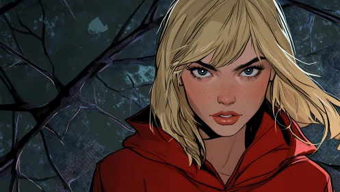 Determined blonde heroine confronts danger in a dark forest