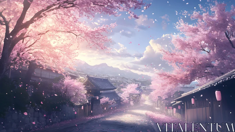 Cherry blossom lined street in traditional Japanese townscape.