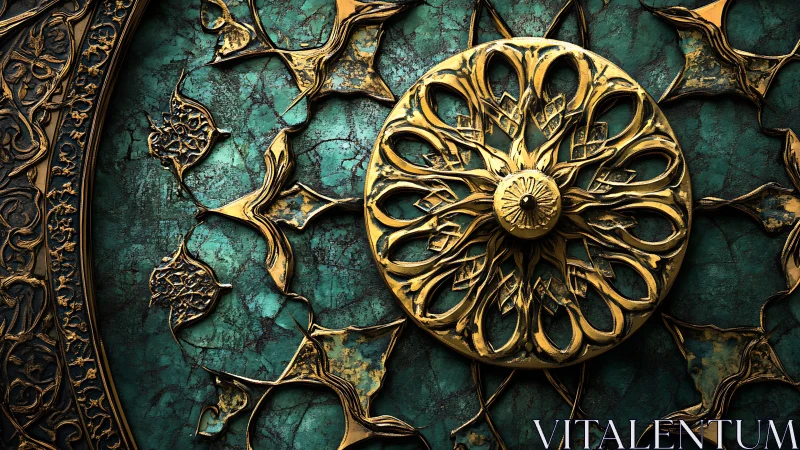Ornate radial medallion in distressed teal and gold relief.