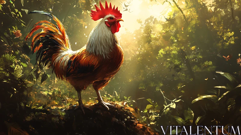 Red rooster standing on forest ground illuminated by golden light.
