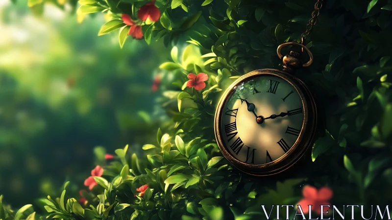 Golden pocket watch glowing softly in lush garden foliage.