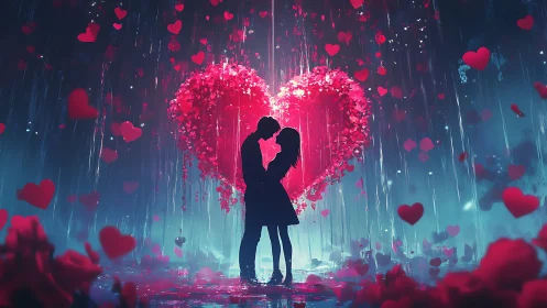 Neon Heart Kiss: Digital Romance Under Falling Hearts.