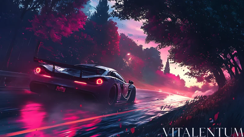 Neon-lit sports car surges through a glowing rainy forest road