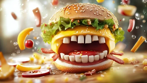 Toothy cartoon burger monster bites through flying snacks.