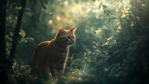 Ginger cat navigating through dense forest undergrowth in soft golden light