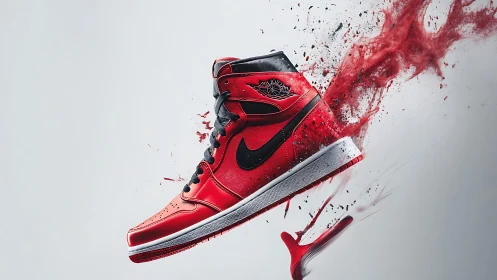 Dynamic red sneaker bursts forward in high-energy motion art