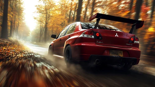 Red Mitsubishi Lancer Evolution rally sprint in autumn forest