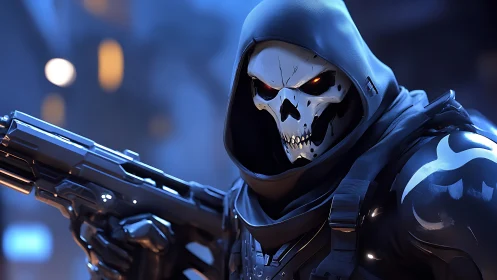 Cyber skull marksman stalks neon city in armored stealth