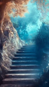 Stone steps ascend through misty forest toward glowing light