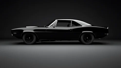 Side profile render of black classic muscle car on dark backdrop