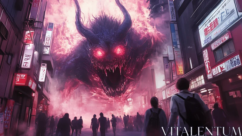 Gigantic flaming demon erupts over neon city street at night.