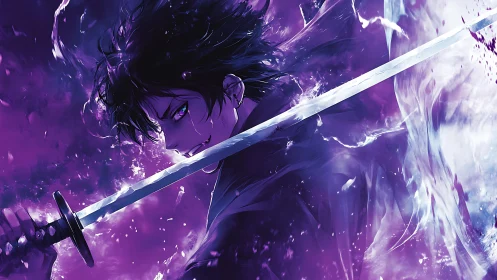Dark haired anime swordsman in intense purple battle scene.