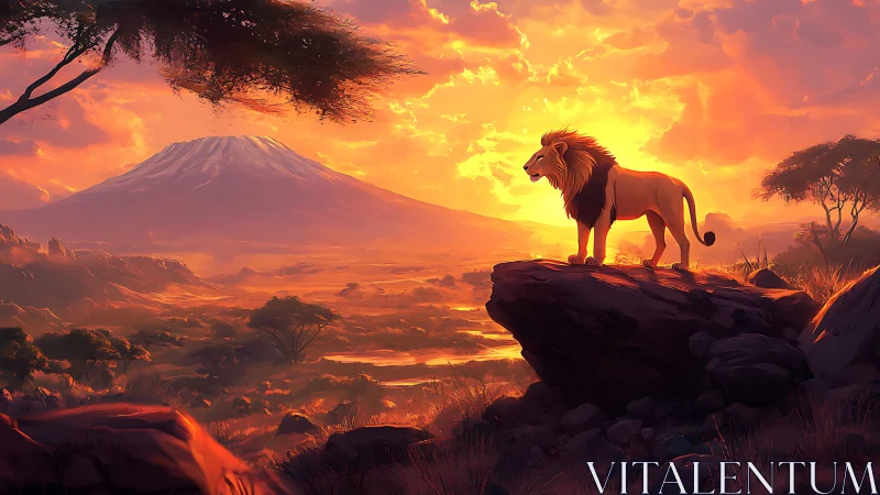 Lion surveys sunlit savanna plateau in cinematic sunset light