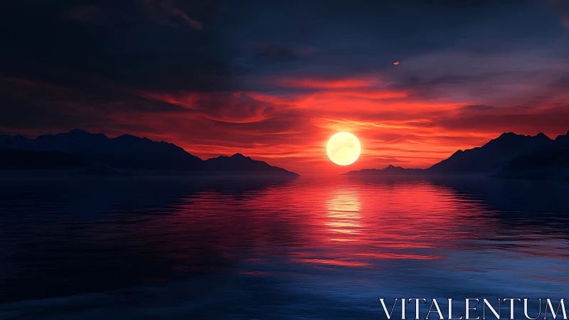 Crimson sun descends over reflective twilight ocean horizon.