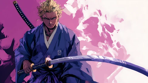 Blond samurai in blue kimono with dual katana against magenta wash