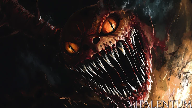 Demonic beast lunges from burning darkness with razored jaws