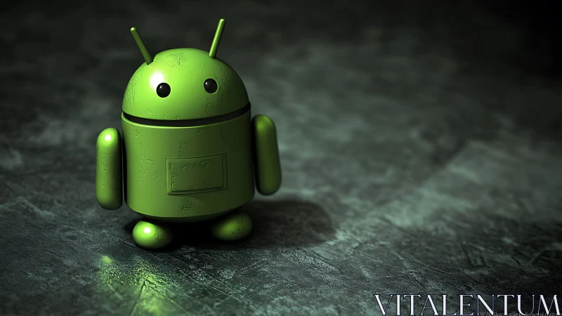 Green robot mascot model on textured dark surface.