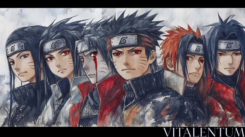 Anime line-up portrait with textured painterly character rendering.