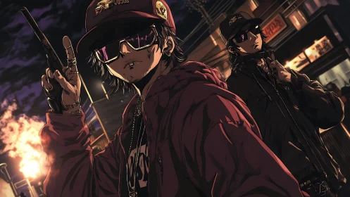 Streetwise duo in stylized night-lit urban standoff.