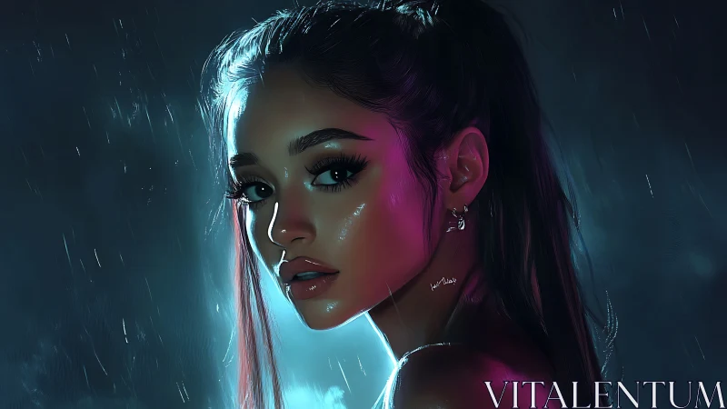 Young woman looks back under rain with neon rim lighting